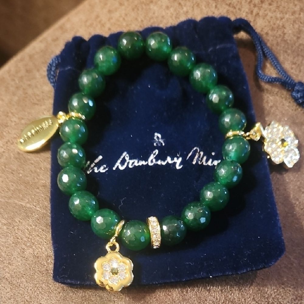 Danbury Mint Emerald Green Bracelet with Gold Floral Charms